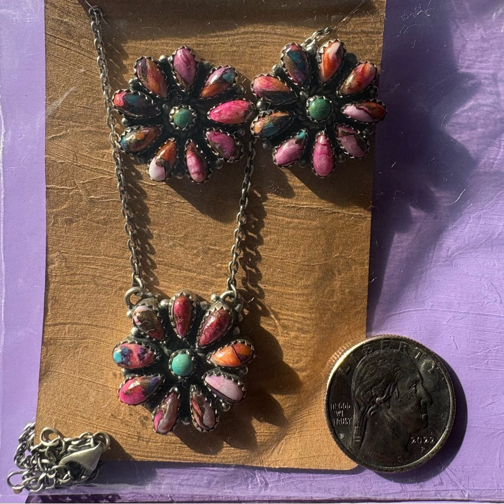 Spiny Oyster Turquoise Necklace and Earring Set 925 SS